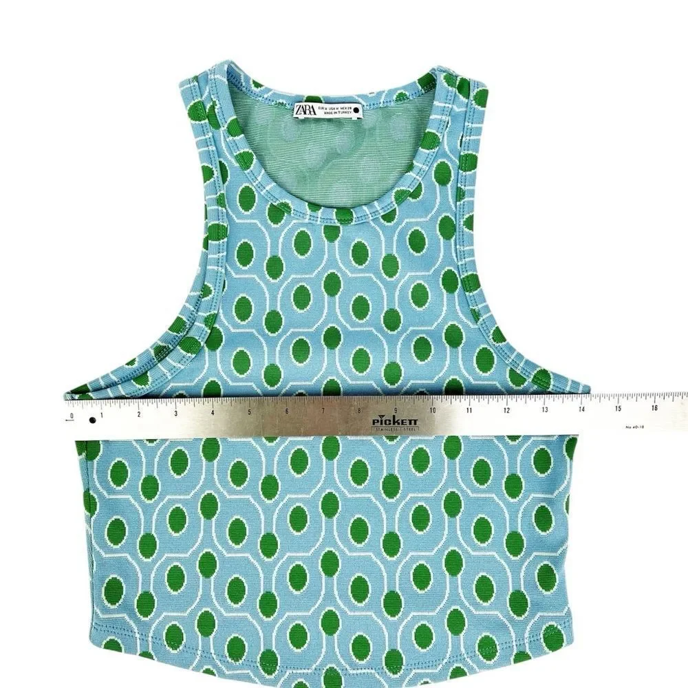 Zara Light Blue Green Dot‎ Heavy Knit Sleeveless Crop Top Tank Size Medium